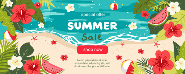 Colorful horizontal tropical summer beach banner with hibiscus flowers, watermelon slices, palm leaves, and sea waves. Perfect for summer sales, travel promotions, or seasonal backgrounds