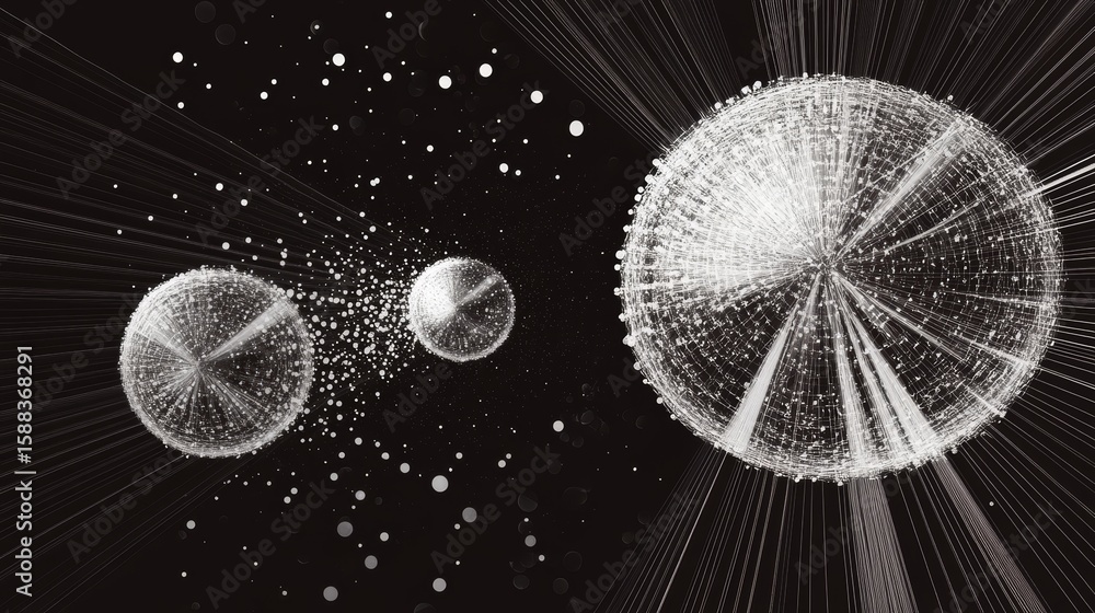 Poster abstract representation of digital network nodes in space, monochrome