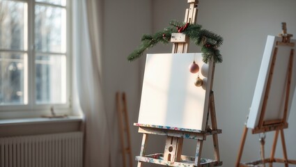 A blank canvas on an easel adorned with festive decorations, set in a sunlit room with a serene atmosphere