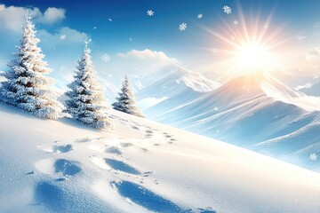 Snowy mountain landscape with footprints, sun rising