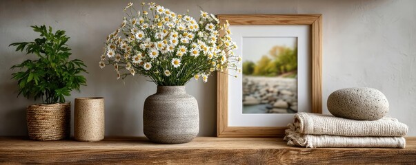 Daily affirmation of mind renewal concept. A serene home decor scene with flowers, plants, and art.