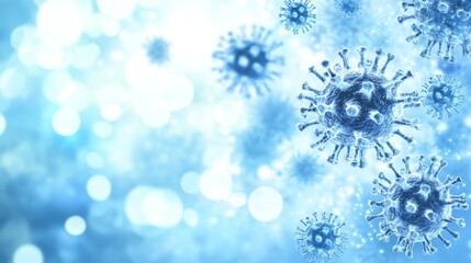 Naklejka premium Microscopic view of virus cells on a light blue, bokeh-filled background