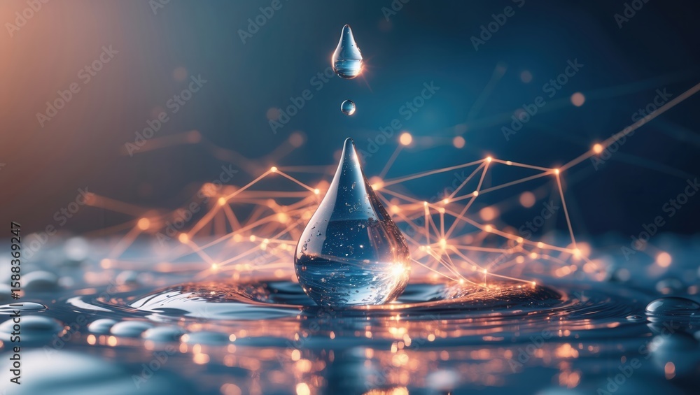 Poster a close-up of a water droplet making contact with a surface, creating ripples and reflections with a