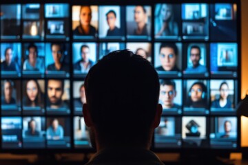Virtual meeting session with diverse faces home office digital collage modern environment close-up view remote interaction