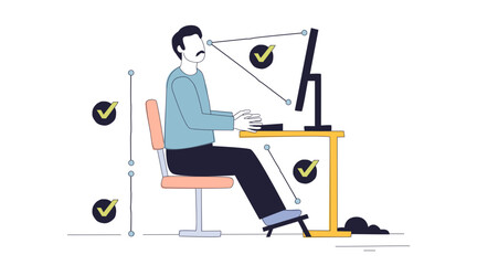 Ergonomics for remote work shows a person at a desk with correct posture, monitor height, and footrest for healthy workspace, transparent background.