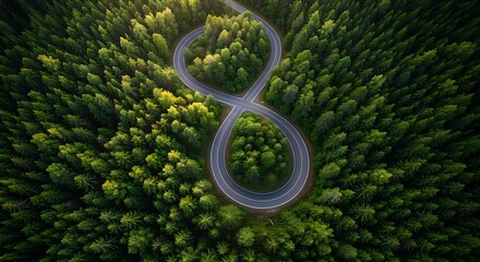 Aerial view of winding road through lush green forest resembling an infinity symbol