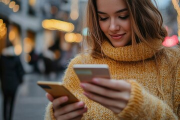 Happy Asian young woman shopping online with her mobile phone and paying with a credit card, receiving cashback as a reward, Generative AI