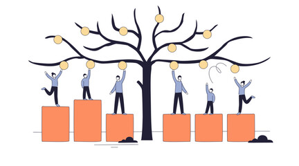 Health equity is shown by people of different heights reaching fruit on a tree with equal help from blocks, transparent background.Key objects, tree, people, blocks.