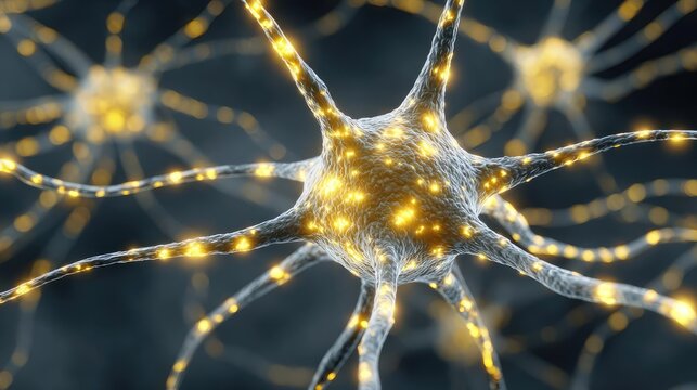 Daily affirmation of mind renewal concept. Close-up view of glowing neurons, showcasing neural connections.