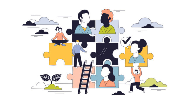 Human management is illustrated by people connecting puzzle pieces, symbolizing teamwork, collaboration, and organization, transparent background.
