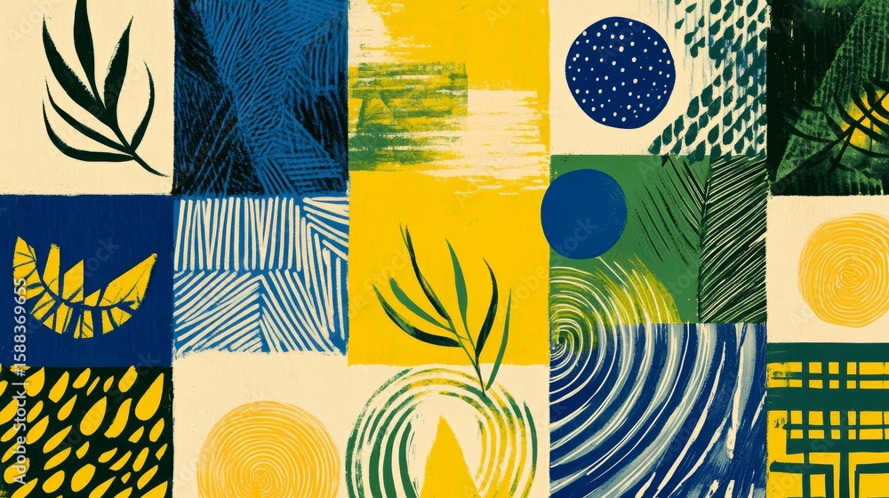 Poster abstract mosaic of nature-inspired elements and geometric patterns
