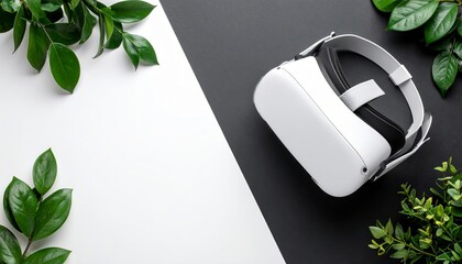 Minimalist VR setup on contrasting background with natural elements