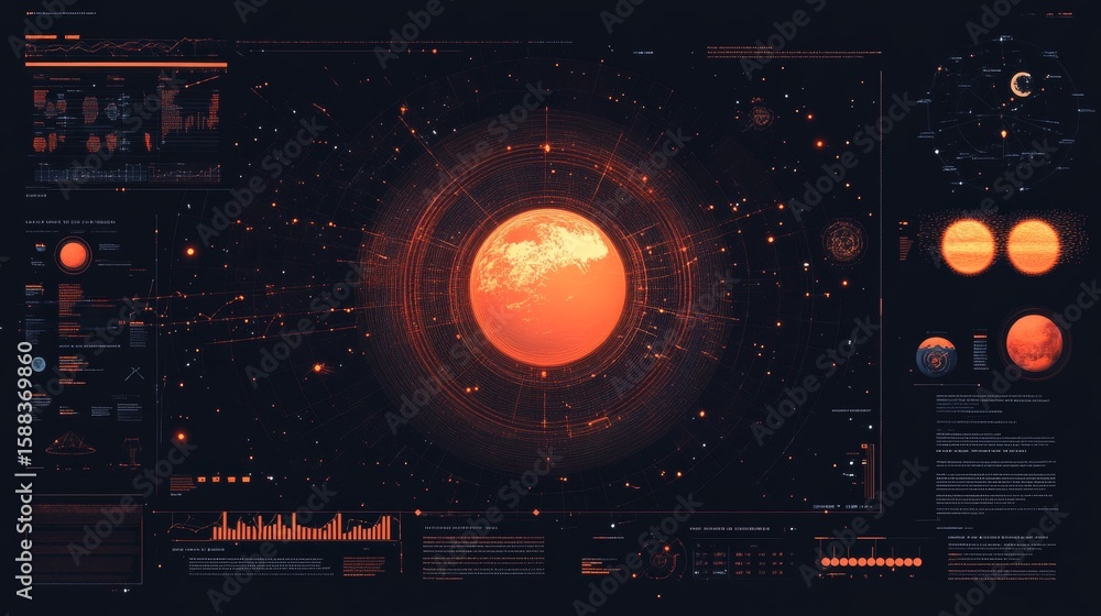 Poster futuristic planetary analysis interface with detailed data visualization