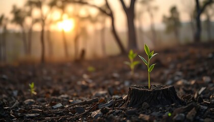 Sunrise Sapling Sprouting from Tree Stump in Regenerating Forest Landscape