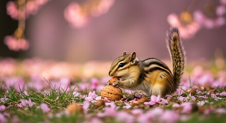 Fototapeta premium Adorable Chipmunk Enjoying a Walnut Amidst Cherry Blossoms