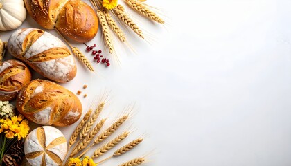Festive Holiday Table Decoration with Variety of Breads and Harvest Elements