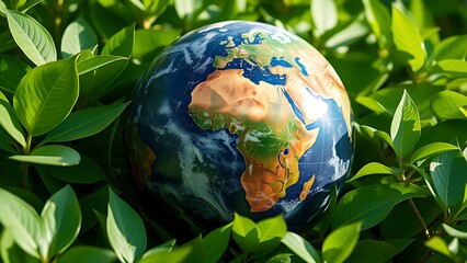 Earth globe surrounded by lush green leaves, symbolizing environmental awareness under natural ambient light.
