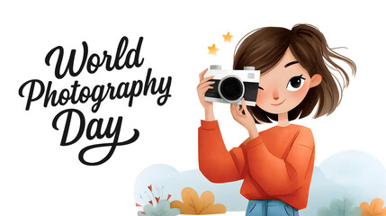 Cute cartoon girl holding camera with “World Photography Day” text, perfect for banners, social media, and educational visuals.