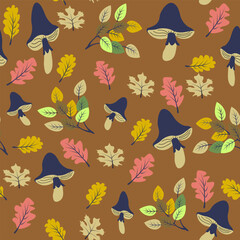 Vector autumn pattern with elements of leaves and mushrooms. The design is perfect for textiles, packaging, wallpapers, postcards