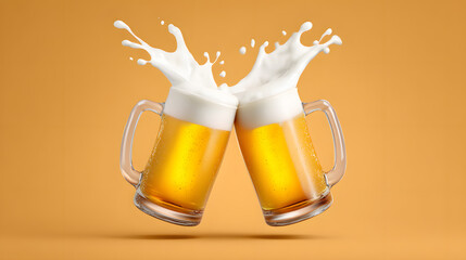 Two golden beer mugs cheer mid-air with foam splashes on orange background. A dynamic and joyful image perfect for International Beer Day campaigns or party invites.