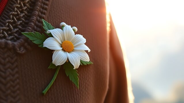 Glowing Swiss lantern with white cross motif, resting on rustic wood with alpine meadow in soft focus.
