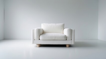 Minimalist white armchair with textured fabric on a bright, empty studio backdrop