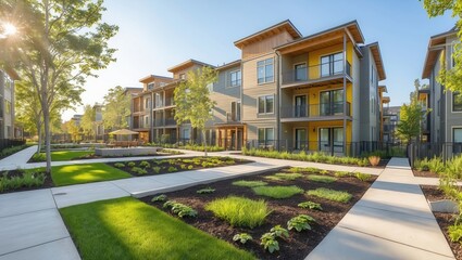 Fototapeta premium Modern apartment complex with landscaped gardens and clear blue sky in sunny weather