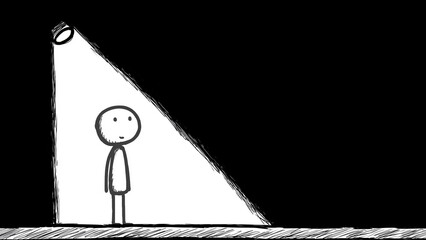 Black and white cartoon of a stick figure standing under a spotlight on a stage casting a bright light on the stick figure. Black background, copy space, aspect ratio 16:9.