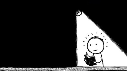 Black and white cartoon of a stick figure reading a book under a spotlight on a stage casting a bright light on the stick figure. Black background, copy space, aspect ratio 16:9.