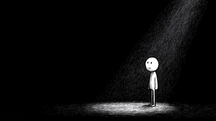 Black and white drawing of a stick figure standing on a stage, with a spotlight shining down on it from above. The figure appears to be sad or concerned. Black background, copy space, aspect 16x9