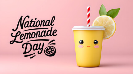 Cute kawaii-style cup of lemonade with blushing cheeks and a straw. Surrounded by green leaves and text "National Lemonade Day". Great for youth branding and fun visuals.