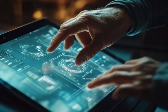 Interactive technology engagement modern workspace digital touchscreen interface futuristic environment close-up view innovation