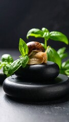 A snail rests on stacked black stones amongst fresh basil leaves
