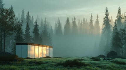 Modern glass cabin in misty forest landscape at dawn with pine trees