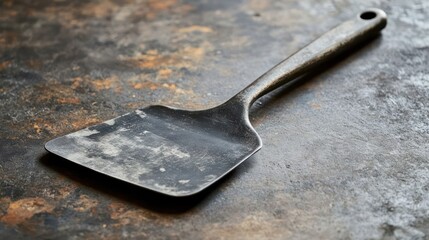 Close-Up Studio Shot of a Worn Metal Spatula on a Distressed Surface, Conveying Culinary Preparation and a Sense of History, Evoking Cooking Tools and Gourmet Food Preparation