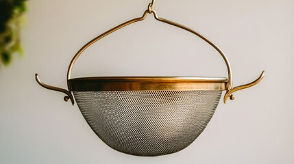 Elegant Kitchenware: A Detailed Study of a Vintage Brass Colander with Fine Mesh, Showing Its Rustic Texture and Warm, Glimmering Surfaces, a Stylish Addition to Culinary Collection
