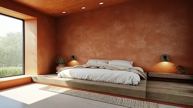 Warm terracotta bedroom retreat with platform bed and nature view showcasing zen