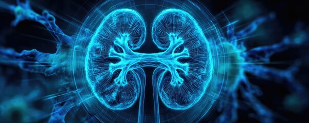 Obraz premium Renal data with scan concept. Stylized depiction of a human kidney with glowing details.
