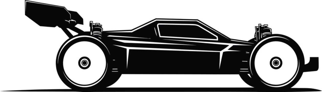 Sleek silhouette of a remote control car ready for a race, isolated on white, rendered with sharp vector lines, perfect for graphic design.