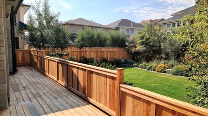 Wooden fence and deck in backyard setting