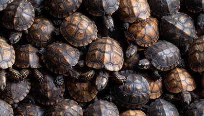 Seamless pattern of snapping turtles with textured shells, flat lay photograph