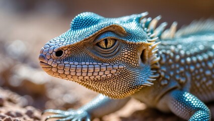 Fototapeta premium Close-up of a textured lizard resting on warm earth, showcasing vibrant scales and focused gaze
