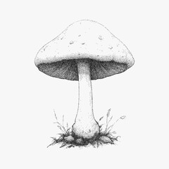 Mushroom on the ground. Stipple artwork with strong threshold contrast, halftone dots and paper photocopy noise, old lofi zine aesthetics.