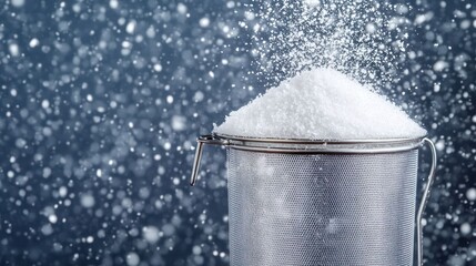 Captivating culinary artistry: a shimmering cascade of powdered sugar gracefully graces a metallic sieve against an ethereal speckled backdrop, evoking a delicate winter snowstorm sensation