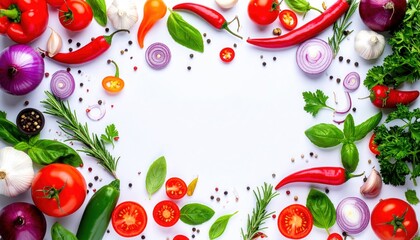 Fresh tomatoes red chili peppers onions garlic basil rosemary and parsley border on white background