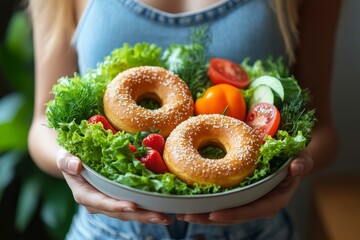 Woman on a diet for good health, pushing aside her favorite donut to choose a salad of vegetables for better health, Generative AI