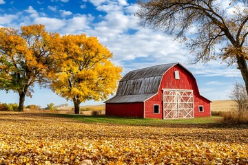 Scenic Red Barn Surrounded by Vibrant Autumn Foliage Under a Blue Sky
