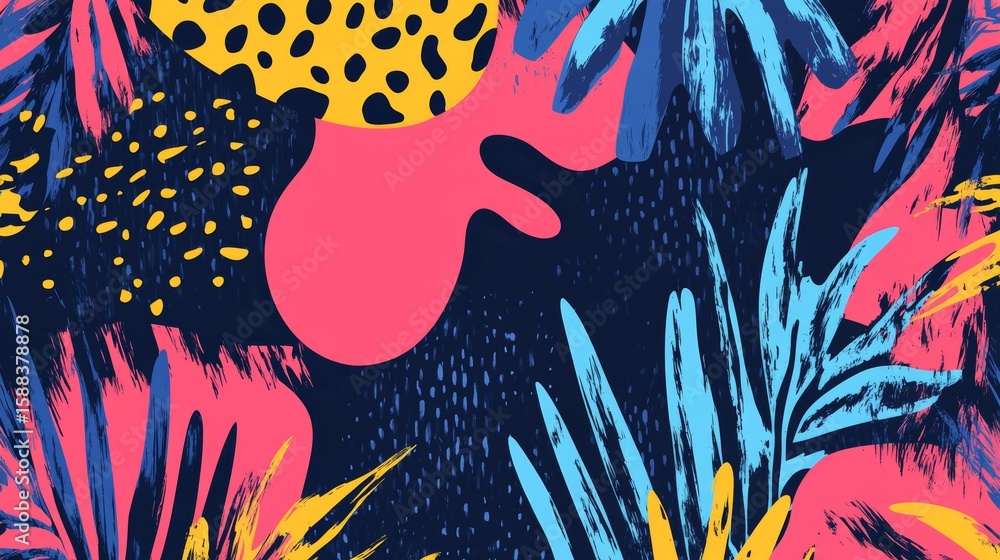 Poster bold and vibrant abstract art composition with botanical elements and geometric shapes