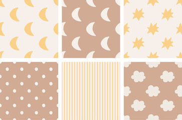 Boho vector seamless vector patterns set with moons, stripes, stars, clouds, polka dots. Playful hand drawn pattern for fabric, wrapping, scrapbookig, textile design and brown and yellow colors.
