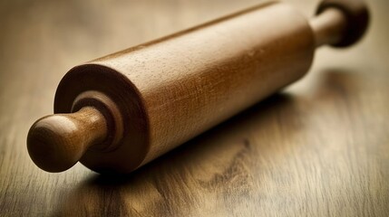 Rustic Kitchen Aesthetic: A Wooden Rolling Pin Resting on a Textured Wooden Surface, Evoking Baking Traditions and Culinary Simplicity with a Warm, Natural Light